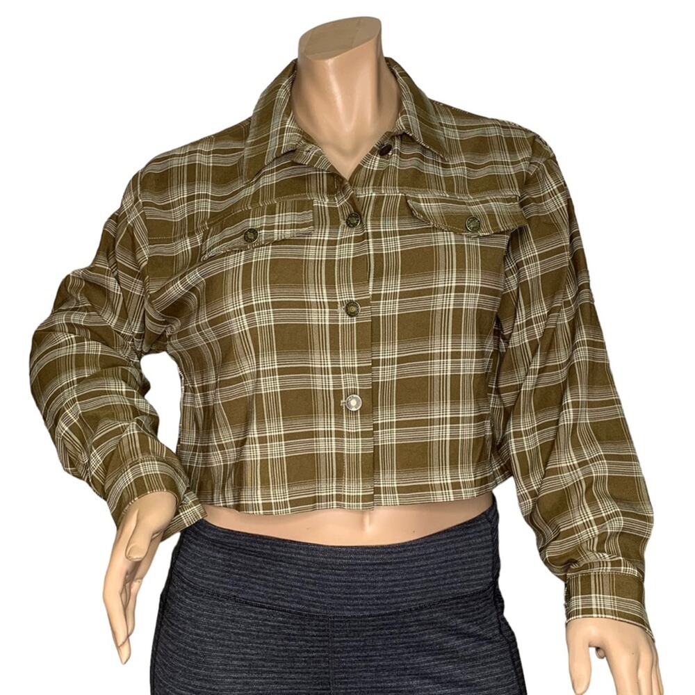 DAZY Crop Top Collared Long Sleeve Plaid Button Down Tan and White Size L
